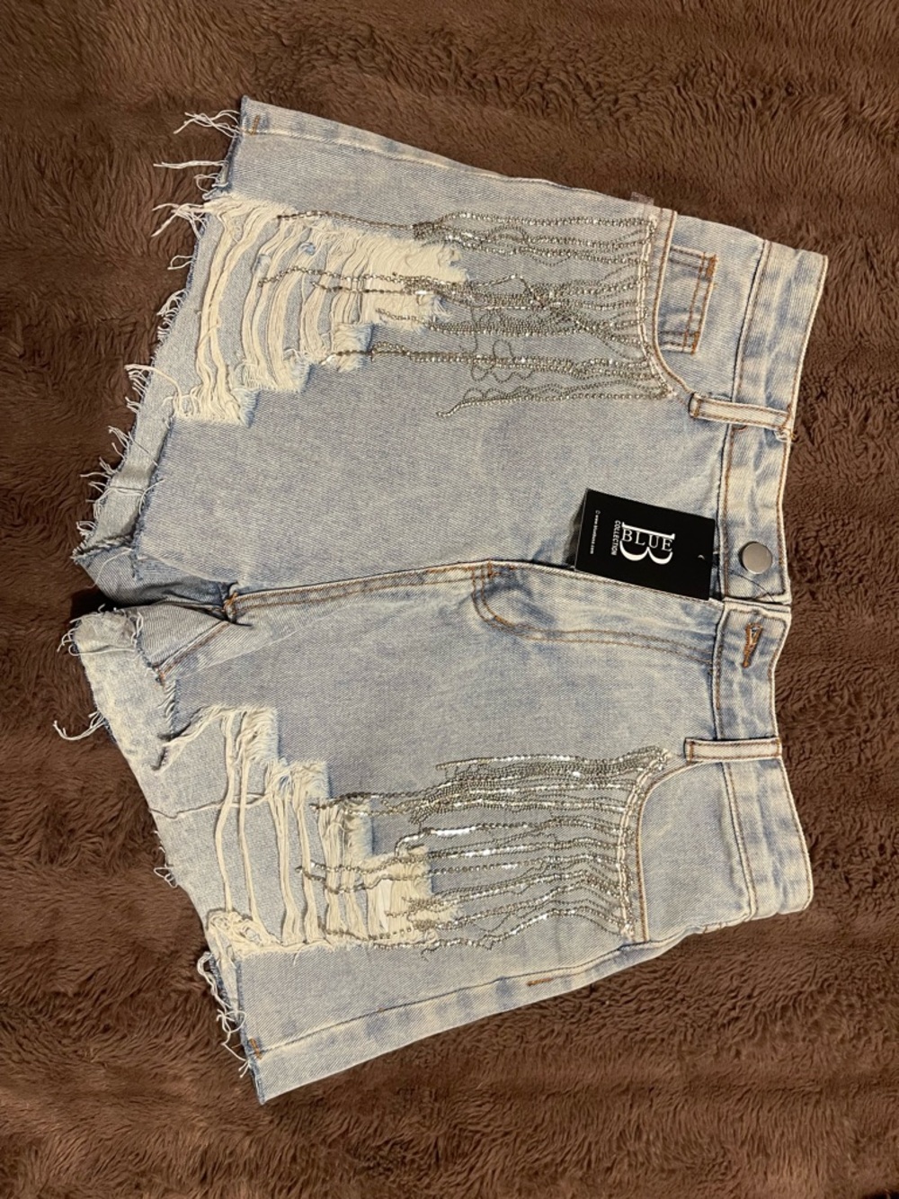 Beaded Distressed Light Denim Shorts - Label